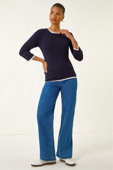 Roman Navy Scallop Neck Button Knit Jumper