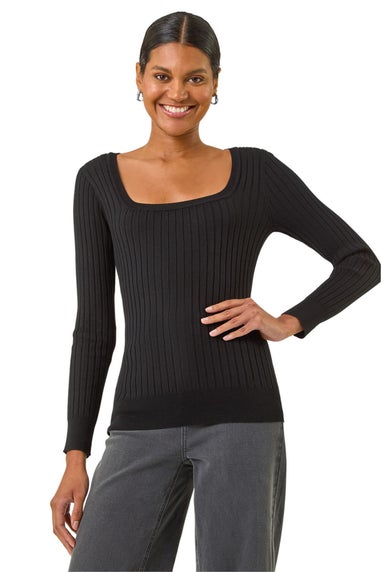 Roman Black Square Neck Ribbed Knit Jumper