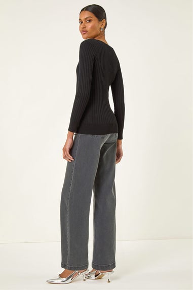 Roman Black Square Neck Ribbed Knit Jumper