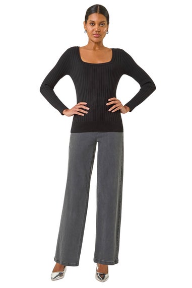Roman Black Square Neck Ribbed Knit Jumper
