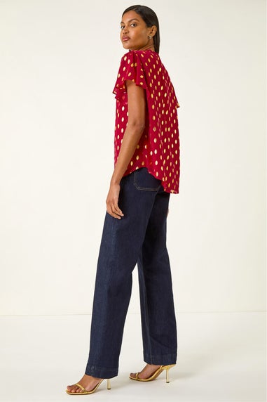 Roman Red Polka Dot Print V-Neck Top