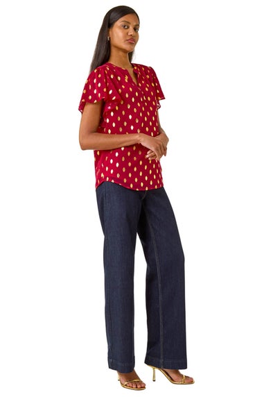 Roman Red Polka Dot Print V-Neck Top