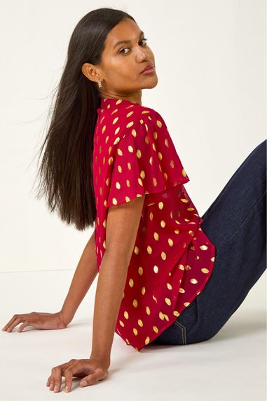 Roman Red Polka Dot Print V-Neck Top