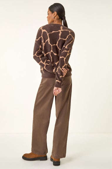 Roman Chocolate Fluffy Animal Print Knit Jumper