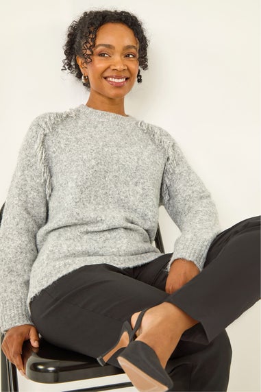 Roman Grey Petite Fringe Shoulder Knit Jumper