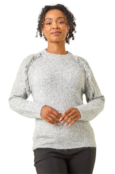 Roman Grey Petite Fringe Shoulder Knit Jumper