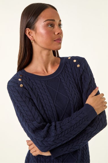 Roman Navy Petite Button Cable Knit Jumper