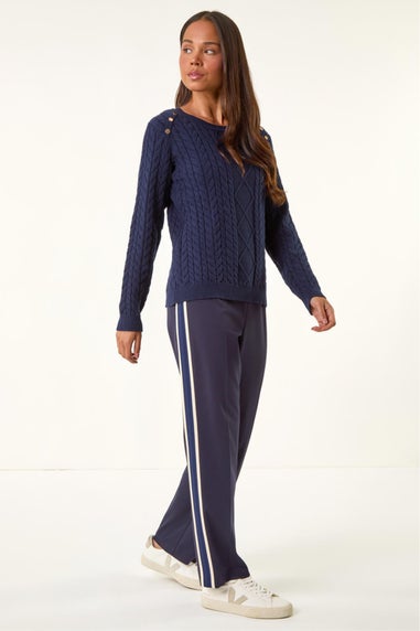 Roman Navy Petite Button Cable Knit Jumper