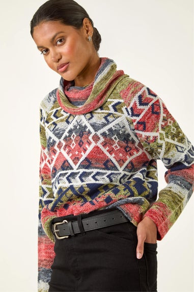 Roman Orange Aztec Print Roll Neck Knit Jumper