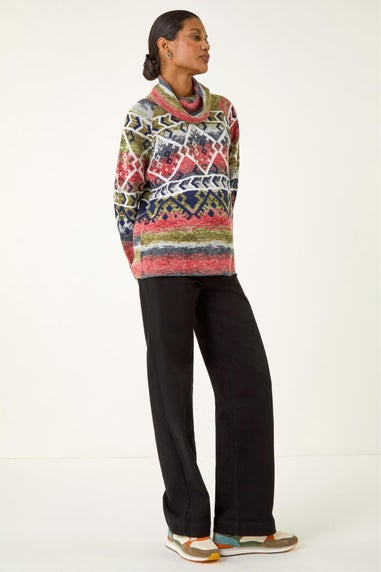 Roman Orange Aztec Print Roll Neck Knit Jumper