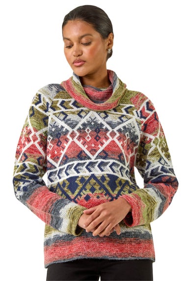 Roman Orange Aztec Print Roll Neck Knit Jumper