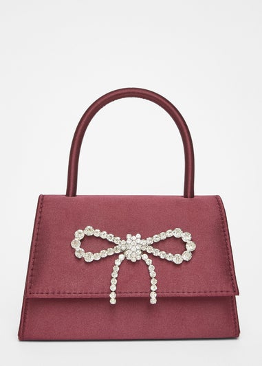 Quiz Burgundy Diamante Bow Top Handle Bag