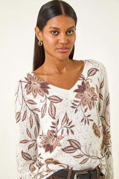 Roman Ivory Floral Print V-Neck Knit Jumper