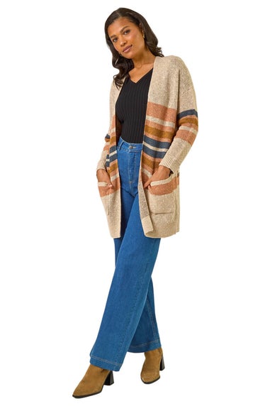 Roman Camel Stripe Knit Longline Cardigan