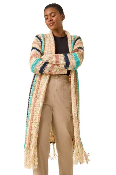Roman Natural Pattern Fringe Detail Cardigan