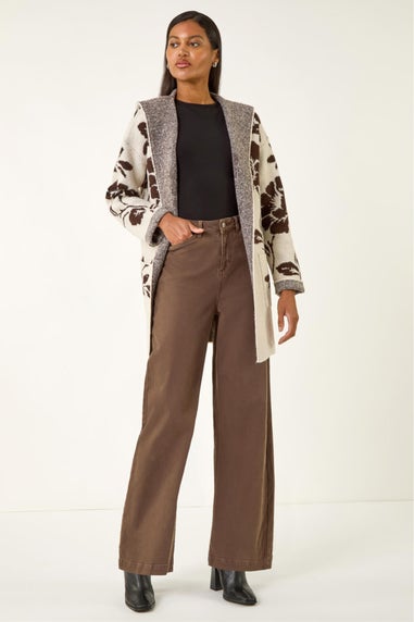 Roman Beige Floral Hooded Knit Cardigan