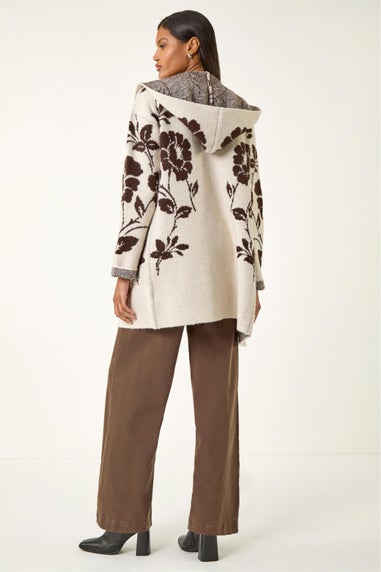 Roman Beige Floral Hooded Knit Cardigan