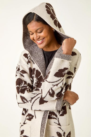 Roman Beige Floral Hooded Knit Cardigan