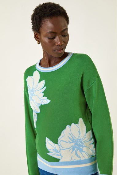 Roman Green Colour Block Floral Knit Jumper