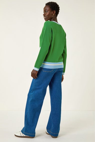 Roman Green Colour Block Floral Knit Jumper