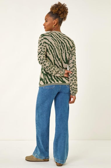 Roman Khaki Embellished Animal Knit Jumper