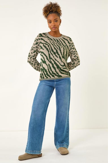 Roman Khaki Embellished Animal Knit Jumper