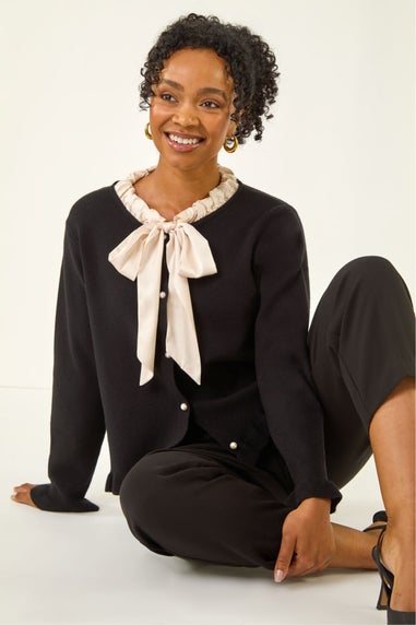 Roman Black Petite Tie Neck Frill Hem Cardigan