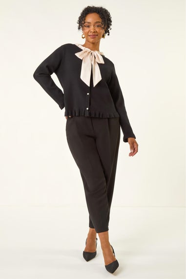 Roman Black Petite Tie Neck Frill Hem Cardigan