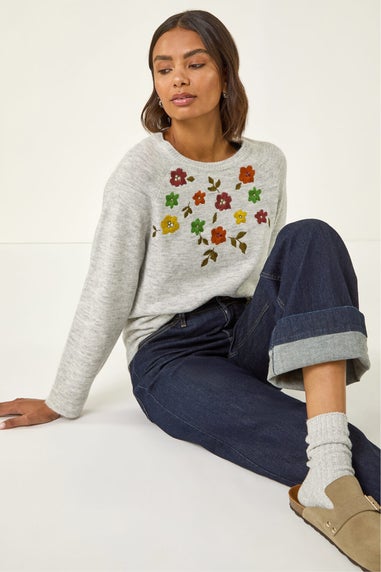 Roman Grey Floral Embroidered Knit Jumper