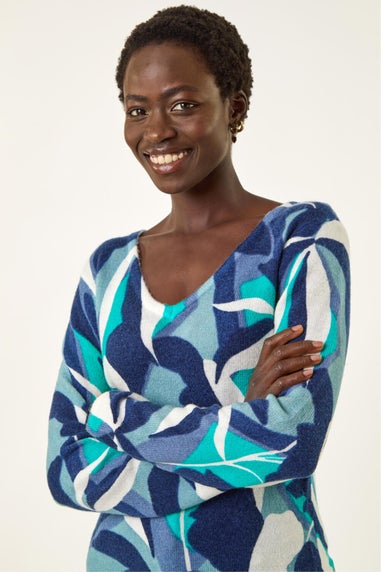 Roman Blue Abstract V-Neck Knit Jumper