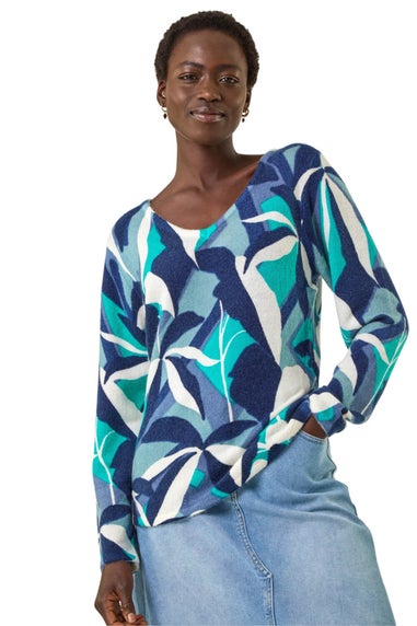 Roman Blue Abstract V-Neck Knit Jumper