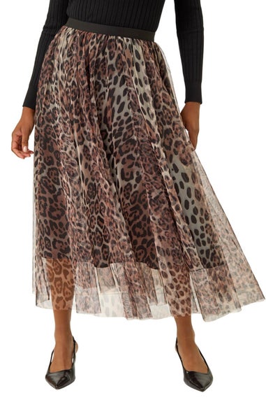 Roman Chocolate Animal Print Mesh Layered Skirt