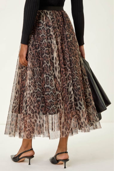 Roman Chocolate Animal Print Mesh Layered Skirt