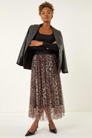 Roman Chocolate Animal Print Mesh Layered Skirt