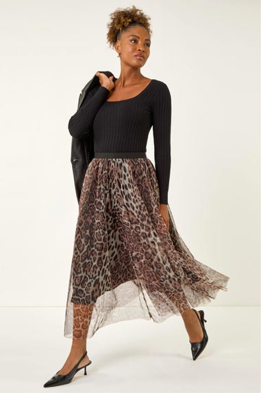 Roman Chocolate Animal Print Mesh Layered Skirt