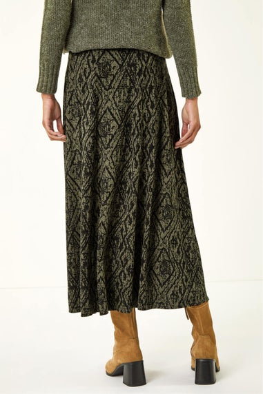 Roman Khaki Abstract Diamond Print Midi Skirt