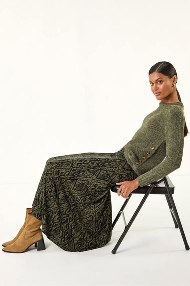 Roman Khaki Abstract Diamond Print Midi Skirt