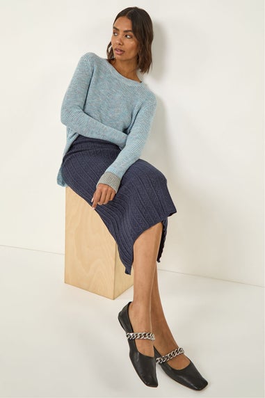 Roman Denim Cable Knit Midi Pencil Skirt
