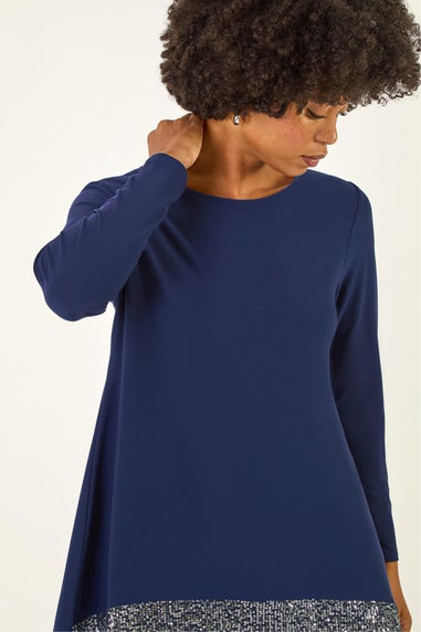 Roman Navy Sequin Hem Tunic Stretch Top
