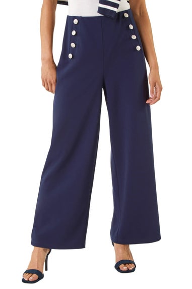 Roman Navy Petite Button Detail Wide Leg Trouser