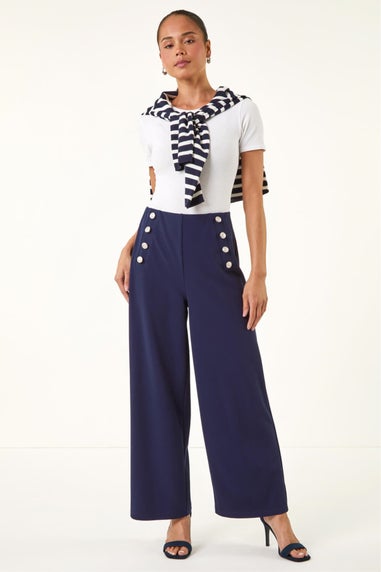 Roman Navy Petite Button Detail Wide Leg Trouser