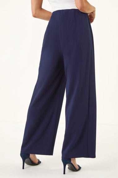 Roman Navy Petite Button Detail Wide Leg Trouser