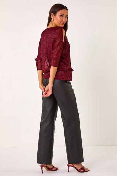 Roman Red Metallic Plisse Banded Hem Top