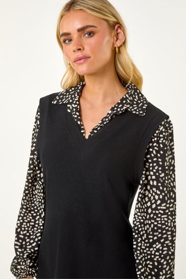 Roman Black Petite 2 in 1 Contrast V-Neck Top