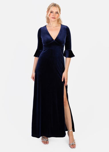 Maya Deluxe Navy V Neck 3/4 Flute Sleeve Velvet Maxi Dress