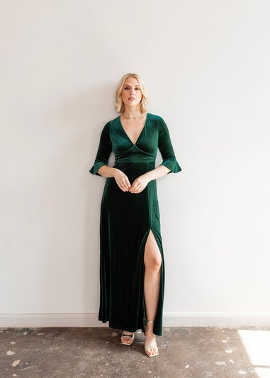 Maya Deluxe Emerald Green V Neck 3/4 Flute Sleeve Velvet Maxi Dress