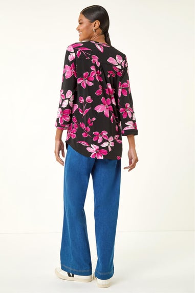 Roman Pink Floral Puff Print Stretch Top