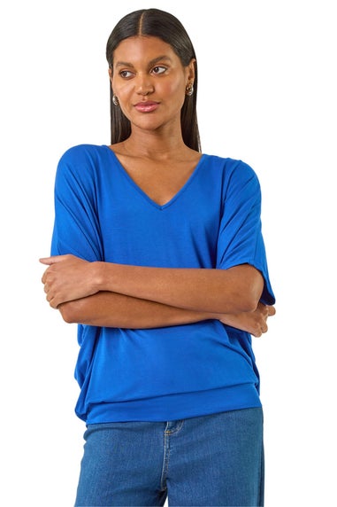 Roman Royal Blue V-Neck Grown On Sleeve Stretch Top