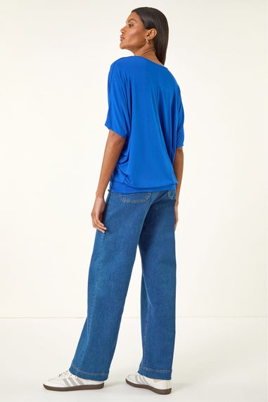 Roman Royal Blue V-Neck Grown On Sleeve Stretch Top