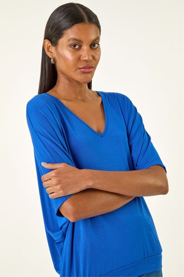 Roman Royal Blue V-Neck Grown On Sleeve Stretch Top
